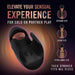 A graphic features a sleek black taco-shaped personal massager titled "Elevate Your Sensual Experience," available in three sizes: average, large, and extra-large. Created by Blush for solo or partner play, the "Lickety Split Rechargeable Vibrating Thumping Stroker Silicone" offers adjustable vibrating speeds to satisfy all desires.