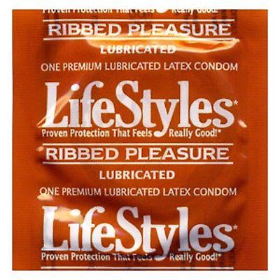 A square, orange wrapper of a Lifestyles Condom Ribbed Pleasure Lubricated 3 Pack by Lifestyles Condoms features the text "Ribbed Pleasure," "Lubricated," and "One premium lubricated latex condom." It also boasts the slogan "Proven protection that feels really good!" with stimulating rows of ribbing for enhanced pleasure.