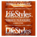 A square, orange wrapper of a Lifestyles Condom Ribbed Pleasure Lubricated 3 Pack by Lifestyles Condoms features the text "Ribbed Pleasure," "Lubricated," and "One premium lubricated latex condom." It also boasts the slogan "Proven protection that feels really good!" with stimulating rows of ribbing for enhanced pleasure.