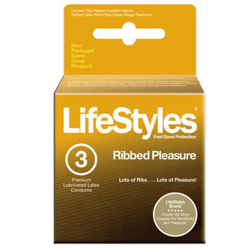 A yellow box of Lifestyles Condom Ribbed Pleasure Lubricated 3 Pack, featuring three premium lubricated latex condoms. The box highlights "New Package! Same Great Product!" and "Lots of Ribs... Lots of Pleasure!" with stimulating rows of ribbing. The top warns that natural latex may cause allergic reactions.