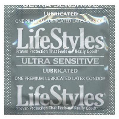 A foil wrapper of a Lifestyles Condom Ultra Sensitive Lubricated 3 Pack. The text on the wrapper reads "Lubricated," "One Premium Lubricated Latex Condom," "Lifestyles Condoms," "Proven Protection That Feels Really Good," and "Ultra Sensitive.