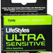 Box of Lifestyles Condom Ultra Sensitive Lubricated 3 Pack. The packaging is green and black, indicating they are premium lubricated latex condoms. The text reads: "Almost like wearing nothing at all. Thin, strong, sensitive." These thin condoms come in a quantity of three.