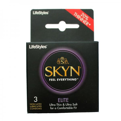 Box of Lifestyles Condoms' Lifestyles Skyn Elite 3 Pack Non-Latex Lubricated Condoms, featuring a predominantly black design with gold and purple accents. The text highlights that these ultra-thin, non-latex, lubricated condoms promote an ultra-sensitive and comfortable fit. The top right corner states “20% Thinner*.”