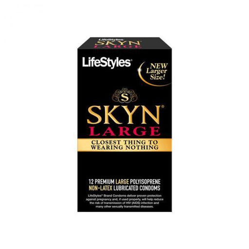 Image of a Lifestyles Condoms Lifestyles Skyn Large Polyisoprene (12 Pack) box. The black box with golden text and branding highlights "SKYN" in large font. The box proudly announces "NEW Larger Size!" and "CLOSEST THING TO WEARING NOTHING," indicating it contains 12 premium large polyisoprene non-latex lubricated condoms.