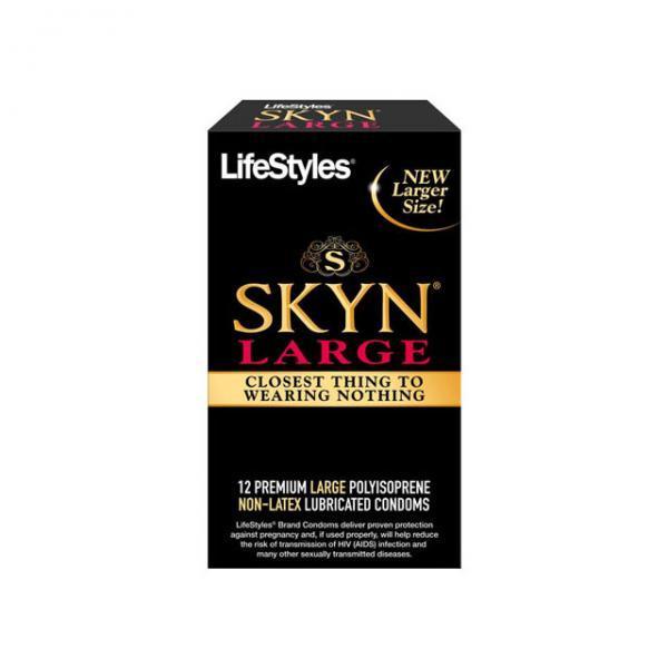 Image of a Lifestyles Condoms Lifestyles Skyn Large Polyisoprene (12 Pack) box. The black box with golden text and branding highlights "SKYN" in large font. The box proudly announces "NEW Larger Size!" and "CLOSEST THING TO WEARING NOTHING," indicating it contains 12 premium large polyisoprene non-latex lubricated condoms.