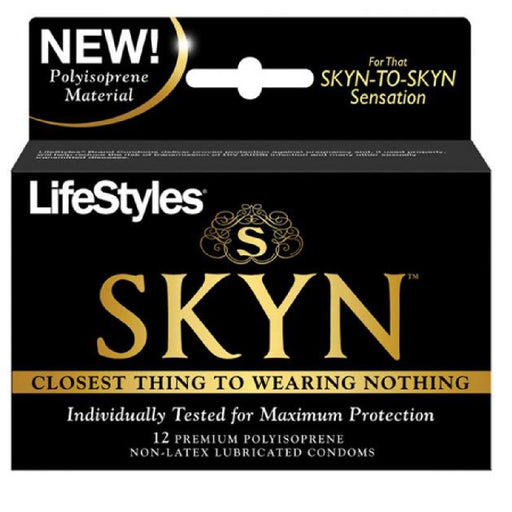 A box of Lifestyles Skyn Latex Free Lubricated Condoms 12 Pack made from polyisoprene material, emphasizing close contact and maximum protection, and latex-free for your comfort.
