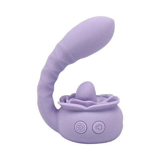 The Lilac Licks Clitoral & G-Spot Vibrator with Tongue Tease features a purple silicone, curved and textured shaft, a rounded base with dual control buttons, and a rose-shaped design—ideal for intense dual stimulation.