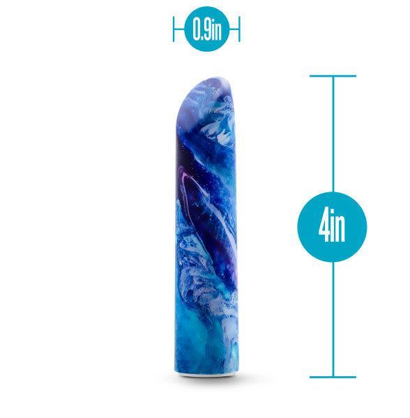 Image of the Limited Addiction Power Bullet Vibe - Mesmerize by Blush, a USB rechargeable vibrator featuring a blue and purple marbleized pattern. The cylindrical device stands 4 inches tall and has a diameter of 0.9 inches, as highlighted by the measurement annotations beside it. Equipped with 10 vibration functions powered by a Rumble Tech motor, it possesses a curved top for enhanced stimulation.