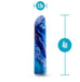 Image of the Limited Addiction Power Bullet Vibe - Mesmerize by Blush, a USB rechargeable vibrator featuring a blue and purple marbleized pattern. The cylindrical device stands 4 inches tall and has a diameter of 0.9 inches, as highlighted by the measurement annotations beside it. Equipped with 10 vibration functions powered by a Rumble Tech motor, it possesses a curved top for enhanced stimulation.