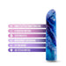 The Blush Limited Addiction Power Bullet Vibe in the Mesmerize pattern, featuring a stunning blue and purple marble-like design, is showcased against a white background. To its left, text highlights its impressive features: "Rumble Tech Deep Rumbly Vibrations, 10 Vibrating Functions, Satin Smooth Feel, USB Rechargeable with Magna Charge technology, IPX7 Waterproof rating, and Lab Tested & Body Safe.