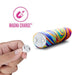 A hand holding a small, circular magnetic charger next to a colorful, tie-dye patterned cylindrical device. The text "MAGNA CHARGE™" with a magnet icon is displayed to the left of the Limited Addiction Power Bullet Vibe - Psyche from Blush, featuring 10 deep rumbly vibrations.
