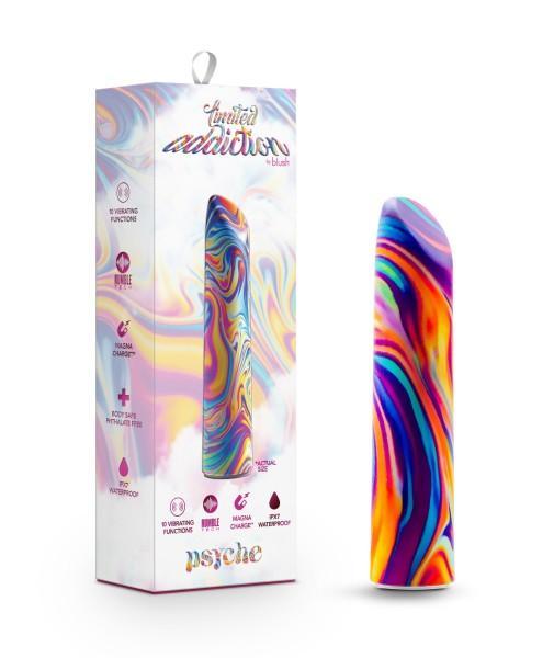 A vibrant marbled adult toy next to its packaging. The box prominently displays the product name "Limited Addiction Power Bullet Vibe - Psyche by Blush" and emphasizes features like waterproof functionality and multiple vibrating modes, including 10 deep rumbly vibrations. The design showcases vivid swirls in purple, blue, yellow, and red.