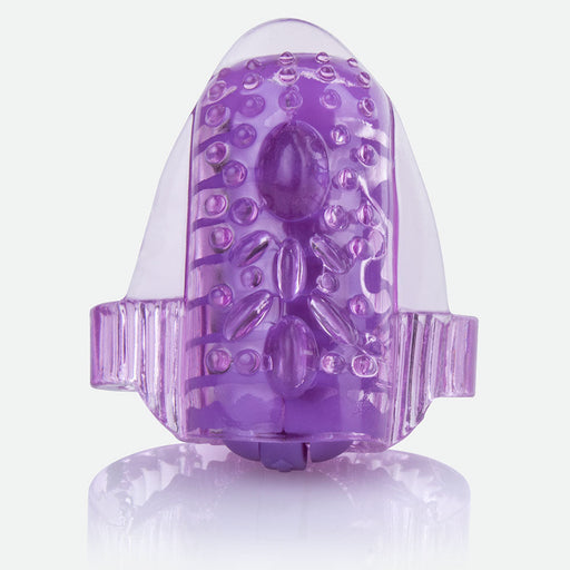 A close-up of the Lingo Vibrating Tongue Ring for Oral Play, featuring a small, purple, textured silicone design with raised bumps and patterns, shown against a white background.