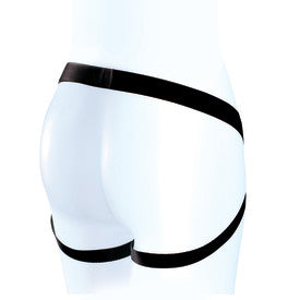 A person wearing the For You Adjustable Faux Leather Beginner's Harness—black straps around waist and thighs—shown from the back against a white background, forming a minimalist harness-style look.