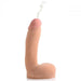 The Loadz Squirting 8 Inch Vanilla Tone Dildo is a realistic silicone toy with a dual density and rounded tip, standing upright on a white background. Designed to resemble a human penis, it includes a small amount of liquid at the top for an authentic experience.