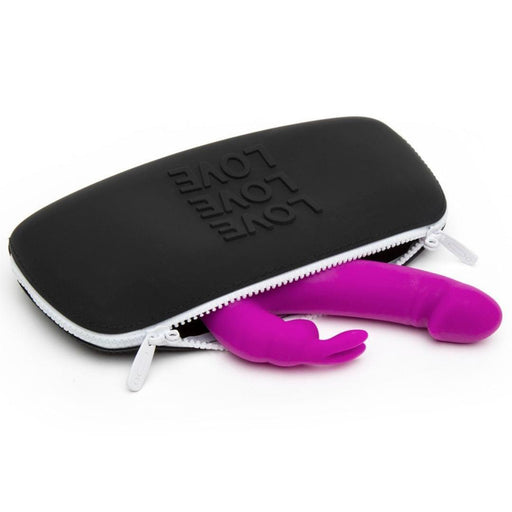 Happy Rabbit LOVE Medium Silicone Zipper Storage Case - Black with the zipper open and a rabbit peeking out