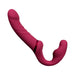 The Lovense Lapis App Controlled Strapless Strap-On Dildo by Lovense is a red, silicone double-ended sex toy with a sleek, curved design. One end is bulbous and rounded, while the other end is elongated with a slight curve. This waterproof toy features a smooth surface with subtle ridges and a thin red band near the middle.