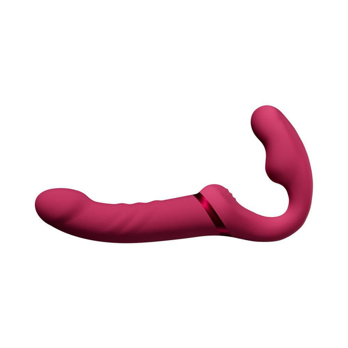 The Lovense Lapis App Controlled Strapless Strap-On Dildo by Lovense is a red, flexible, double-ended vibrating toy with a curvy, ergonomic design. One end features a slightly longer, smooth, semi-curved shape while the other end boasts a shorter length with a pronounced curve and textured surface. With its seamless finish and modern look, it's perfect for shared vibrations.