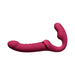 The Lovense Lapis App Controlled Strapless Strap-On Dildo by Lovense is a red, flexible, double-ended vibrating toy with a curvy, ergonomic design. One end features a slightly longer, smooth, semi-curved shape while the other end boasts a shorter length with a pronounced curve and textured surface. With its seamless finish and modern look, it's perfect for shared vibrations.