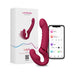 A Lovense Lapis App Controlled Strapless Strap-On Dildo set, featuring the dildo, its packaging, and a smartphone displaying the Lovense Remote and App interface. The app provides controls to customize vibration patterns and intensity. The dildo and its box are in red and white.