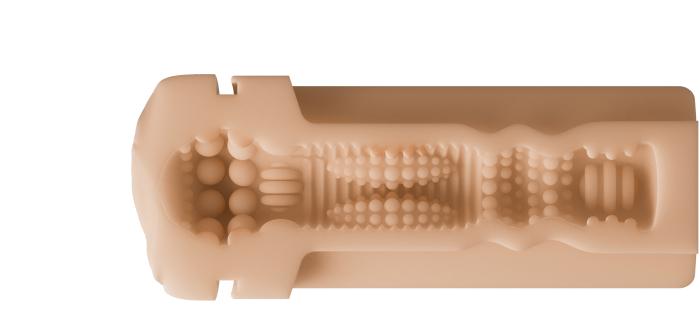 Cross-sectional view of the Lovense Solace Pro AI Powered Thrusting Masturbator with Remote Control: flesh-colored, cylindrical, hands-free design with intricate textured interior; measures 7.08" long and 2.83" wide.