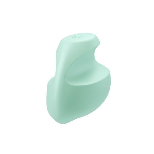 The Dream Crush Waterproof Ergonomic Finger Vibrator is a light mint green, abstract toy with smooth curves and an ergonomic shape, made from body-safe silicone with a small circular button on top, shown isolated on a white background.