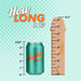 A graphic comparing the height of a Luis Thrusting Warming Large 8.5" Realistic App Controlled Dildo labeled "Betty Soda" to a wooden ruler, with text "How long is it?" in large letters. The can is 4.83 inches.