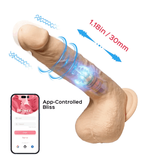 Product image of a Luis Thrusting Warming Large 8.5" Realistic App Controlled Dildo with a measurement label and animated blue vibrations, next to a smartphone displaying an app-controlled interface titled "Honey Play Box.