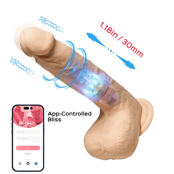 Product image of a Luis Thrusting Warming Large 8.5" Realistic App Controlled Dildo with a measurement label and animated blue vibrations, next to a smartphone displaying an app-controlled interface titled "Honey Play Box.