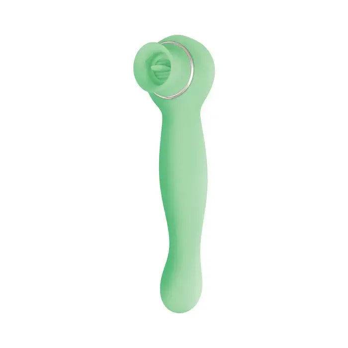 The Luscious Licker Double Ended Licking & G-Spot Vibrator by Nasstoys is a mint green silicone personal massager with a curved handle, ergonomically designed for ease of use. This USB rechargeable, powerful vibrator features a head with a hollow, circular opening and textured inner ridges to provide targeted stimulation.