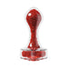 The Lustre Glass Butt Plug with Gem Base & Red Crystals features clear borosilicate glass, a flat base, rounded handle, and sparkling red crystals inside. Shown on a white background.