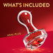 The Lustre Glass Butt Plug with Gem Base & Red Crystals is shown on a red background, featuring "WHAT'S INCLUDED" above and "ANAL PLUG" beside the product.