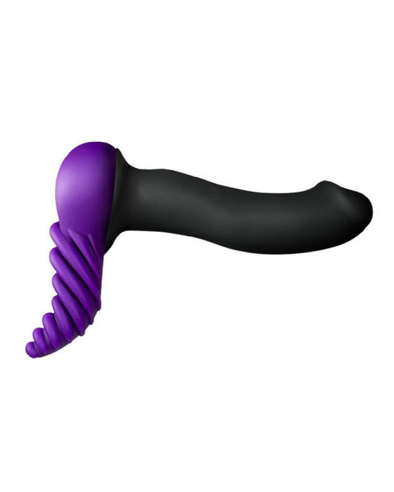 Ergonomically designed Bananapants Luvgrind Soft Silicone Stroker with a purple head and ribbed silicone handle, isolated on a white background.