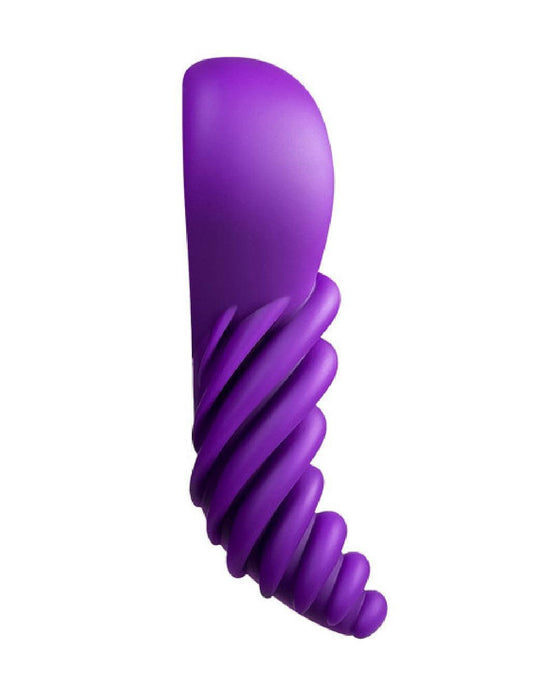 A purple, swirled cone-shaped Luvgrind Soft Silicone Stroker, Grinder and Dildo Base by Bananapants on a white background.