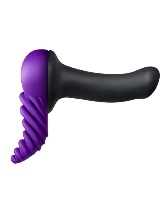 Ergonomic two-toned handheld Luvgrind Soft Silicone Stroker, Grinder, and Dildo Base - Purple massage device with a spiral design on the handle and a rounded head, featuring a Bananapants stimulation cushion.