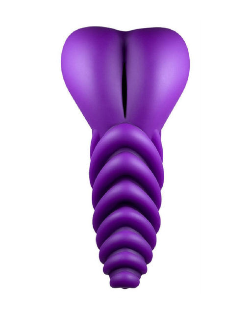 A purple, spiraled Luvgrind Soft Silicone Stroker with a split top resembling a stylized representation or a modern sculpture.品Brand Name: Bananapants