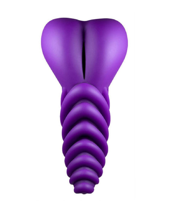 A purple, spiraled Luvgrind Soft Silicone Stroker with a split top resembling a stylized representation or a modern sculpture.品Brand Name: Bananapants