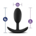 The Luxe Medium Wearable Silicone Vibra Slim Plug - Black by Blush features a black, curved base and measures 4 inches in total height. With an insertable length of 3 inches and a diameter of 1.5 inches at its widest point, all measurements are displayed around the plug in blue and purple text.
