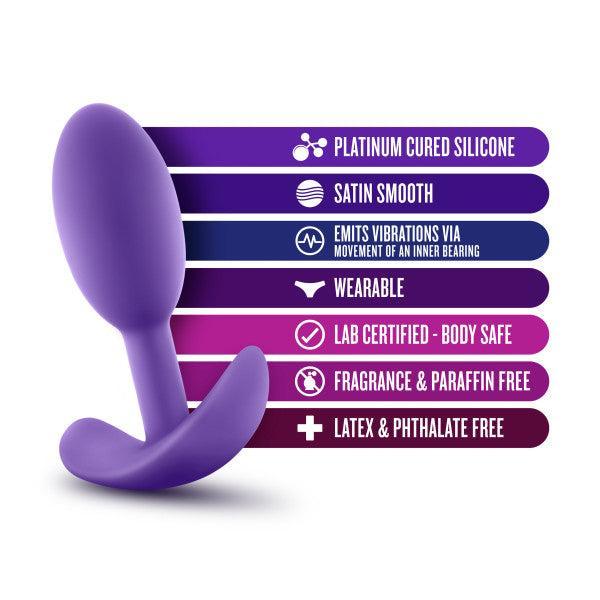 The Luxe Small Wearable Silicone Vibra Slim Plug - Purple by Blush, crafted from platinum-cured silicone, features six key highlights: "Satin Smooth," "Emits Vibrations via Movement of an Inner Bearing," "Wearable," "Lab Certified - Body Safe," "Fragrance & Paraffin Free," and "Latex & Phthalate Free.
