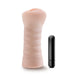 The M For Men Ashley Vibrating Pocket Pussy by Blush, a beige ribbed silicone vagina-shaped masturbator, is positioned next to a small black vibrating bullet on a white background.