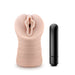 A flesh-colored, ribbed silicone sleeve designed as the lifelike M For Men Ashley Vibrating Pocket Pussy by Blush and a black vibrating bullet are placed side by side on a white background.
