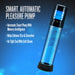 The Performance VX10 Automatic Penis Pump with Smart Pressure Control features a blue display, measurement markings, memory intelligence, size and sensation enhancement, stronger erections, and an airtight seal with a soft sleeve.