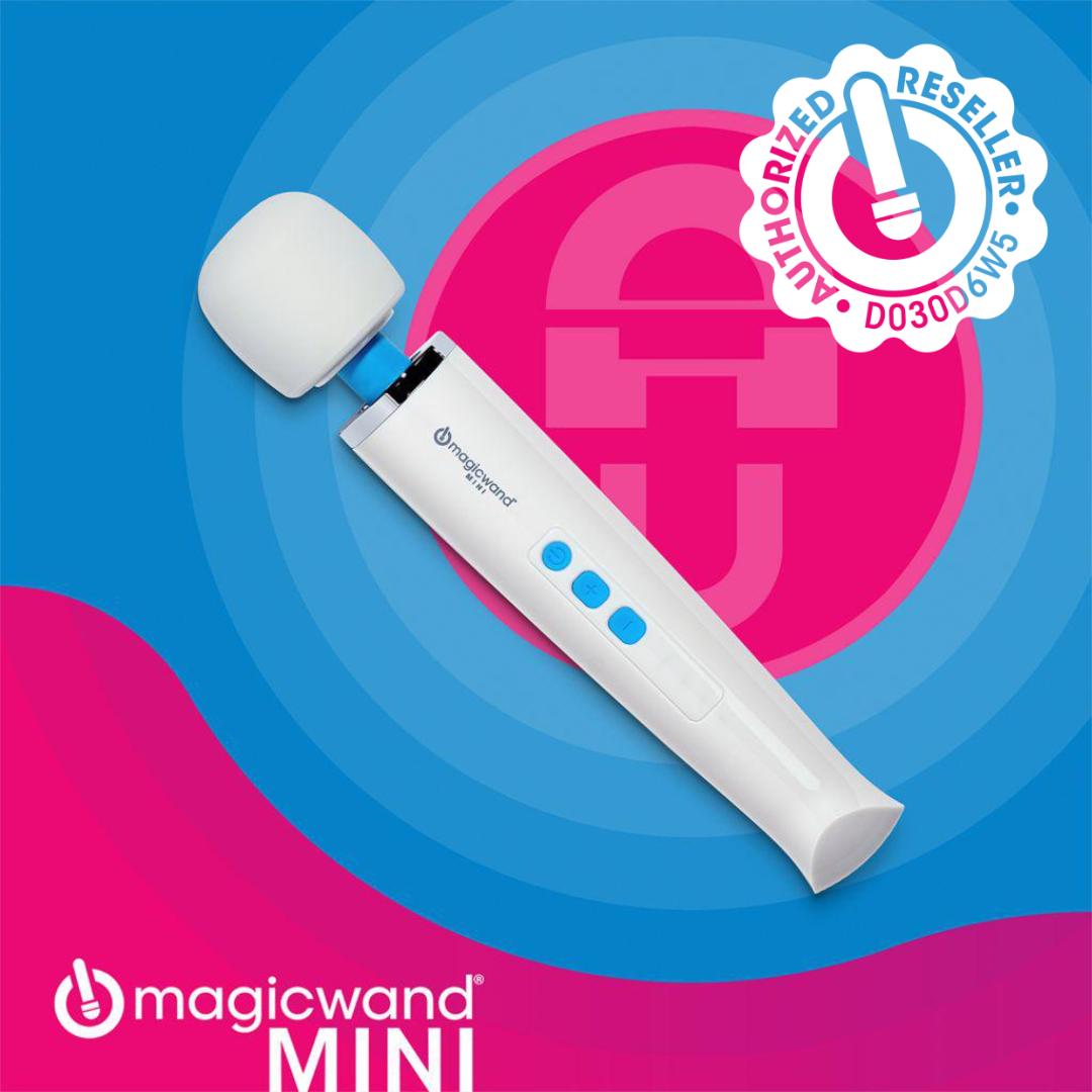 A Magic Wand Mini Cordless Rechargeable Vibrator in white with blue buttons is shown on a pink and blue background, displaying an "Authorized Reseller" badge at the top right and the Magic Wand MINI logo at the bottom left.
