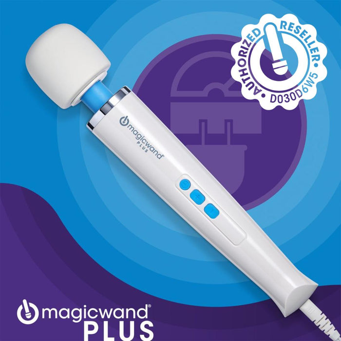 The Magic Wand Plus 4 Speed Ultra Powerful Wand Vibrator, with a white and blue design and silicone head, is shown on a purple and blue background with an "Authorized Reseller" badge at the top right and Magic Wand Plus logo at the bottom left.