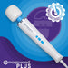 The Magic Wand Plus 4 Speed Ultra Powerful Wand Vibrator, with a white and blue design and silicone head, is shown on a purple and blue background with an "Authorized Reseller" badge at the top right and Magic Wand Plus logo at the bottom left.