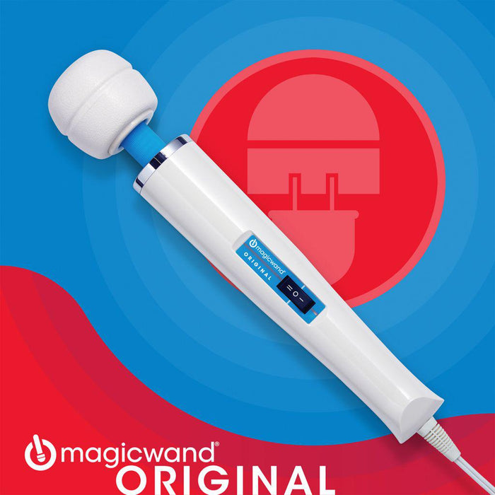 An image of the Vibratex Magic Wand The Original Ultra Powerful Wand Vibrator, a white personal massager with a blue neck and large cushioned head. The device, known for its deep vibrations, is angled against a blue and red background. "magicwand ORIGINAL" text is at the bottom left in white.