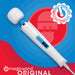 A Magic Wand The Original Ultra Powerful Wand Vibrator is shown on a blue and red background with an "Unauthorized Reseller" badge in the corner and "magicwand ORIGINAL" text at the bottom.