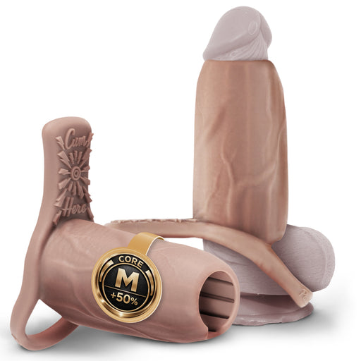 Two beige Girthy Pleasure Sleeves (Size M) made of platinum silicone are shown—one upright, one lying down. Both have realistic detailing and textured grind pads, with a gold "CORE M +50% girth enhancer" badge on one sleeve.