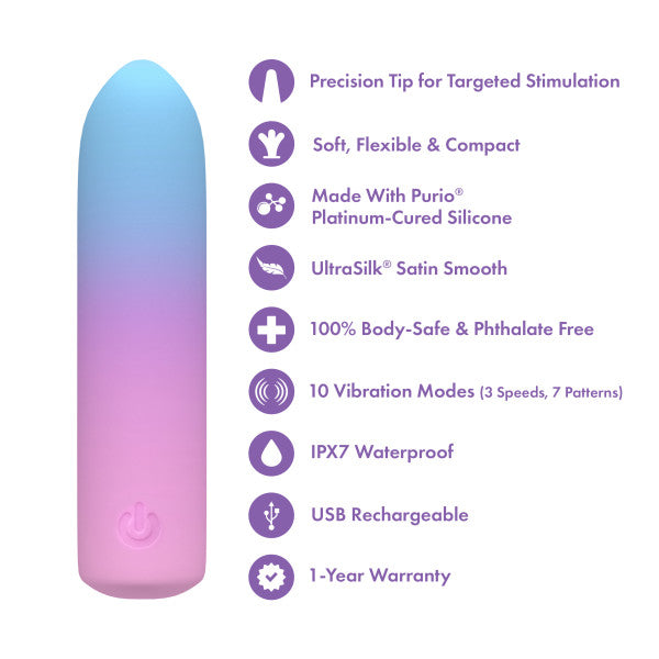 The Play With Me Berry Burst Soft Flexible Bullet Vibrator—shown in a blue-to-pink gradient—is displayed with icons noting targeted stimulation, body-safe silicone, smooth texture, 10 vibration modes, waterproofing, USB charging, and a 1-year warranty.