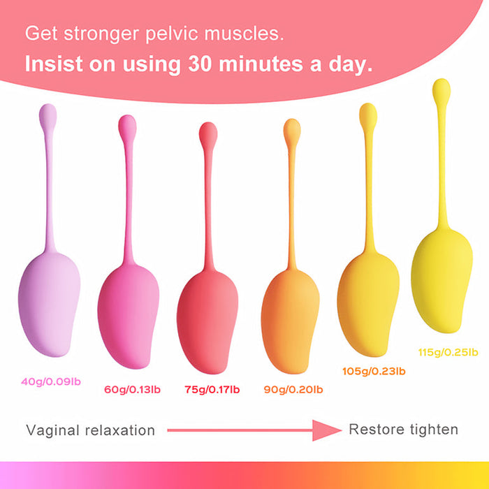 The Mango 6-Piece Weighted Kegel Ball Set features oval weights from 40g to 115g in gradient pink to yellow. Use daily for 30 minutes to strengthen pelvic floor muscles, as shown by an illustration of increasing tightness.